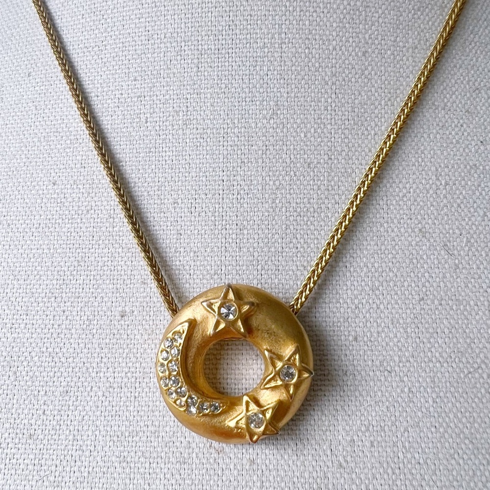 Vintage Celestial Moon and Stars Donut Pendant Necklace on Chain Made in USA